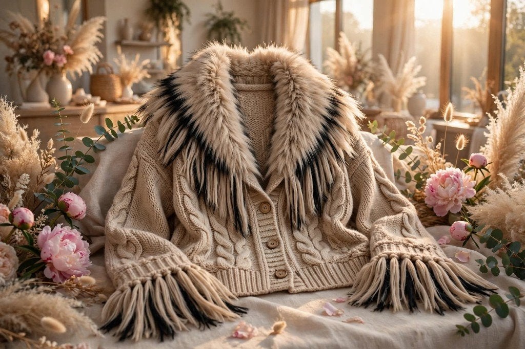 Warme beige kabelgebreid mantel vest met bont, Maat 38/40 (M), Verzenden, Beige, Nieuw