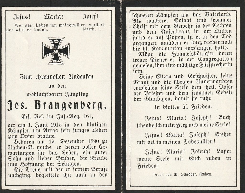 Duitse gesneuvelde 1914/18 Jos. Brangenberg, Collections, Images pieuses & Faire-part, Envoi