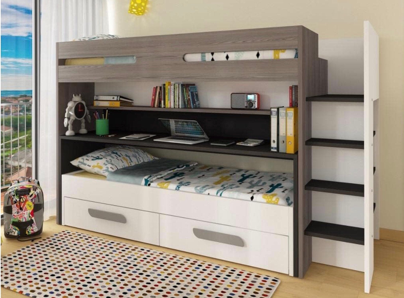 Hoogslaper met 2 bedden, bureau, 2 lades en 4 opbergvakken, Ophalen, 100 cm, Hoogslaper, Eenpersoons