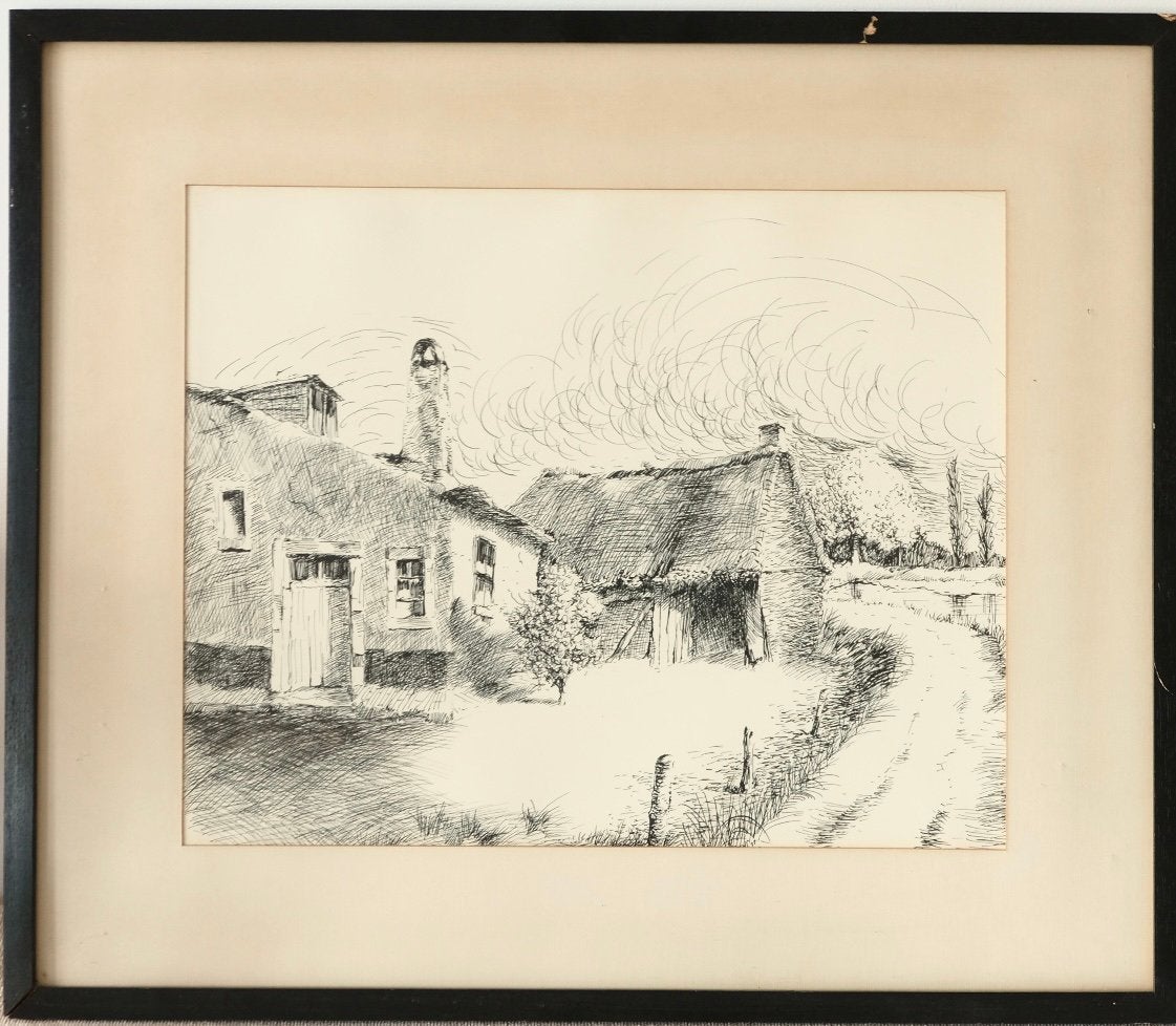 Vintage inkttekening boerderij, Ophalen, Tekening, Ingelijst