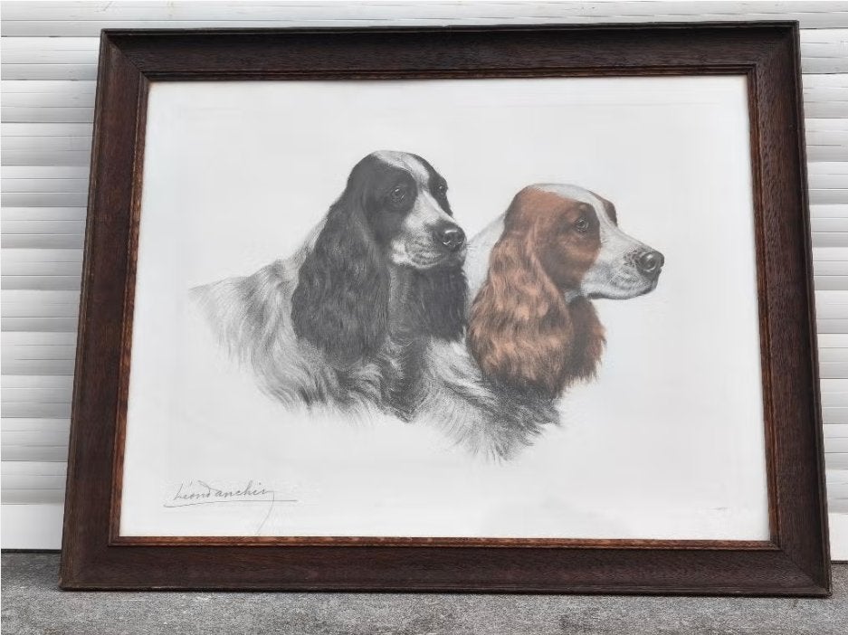 Gravure 2 chien signe Léon danchin, Ophalen of Verzenden, Gravure