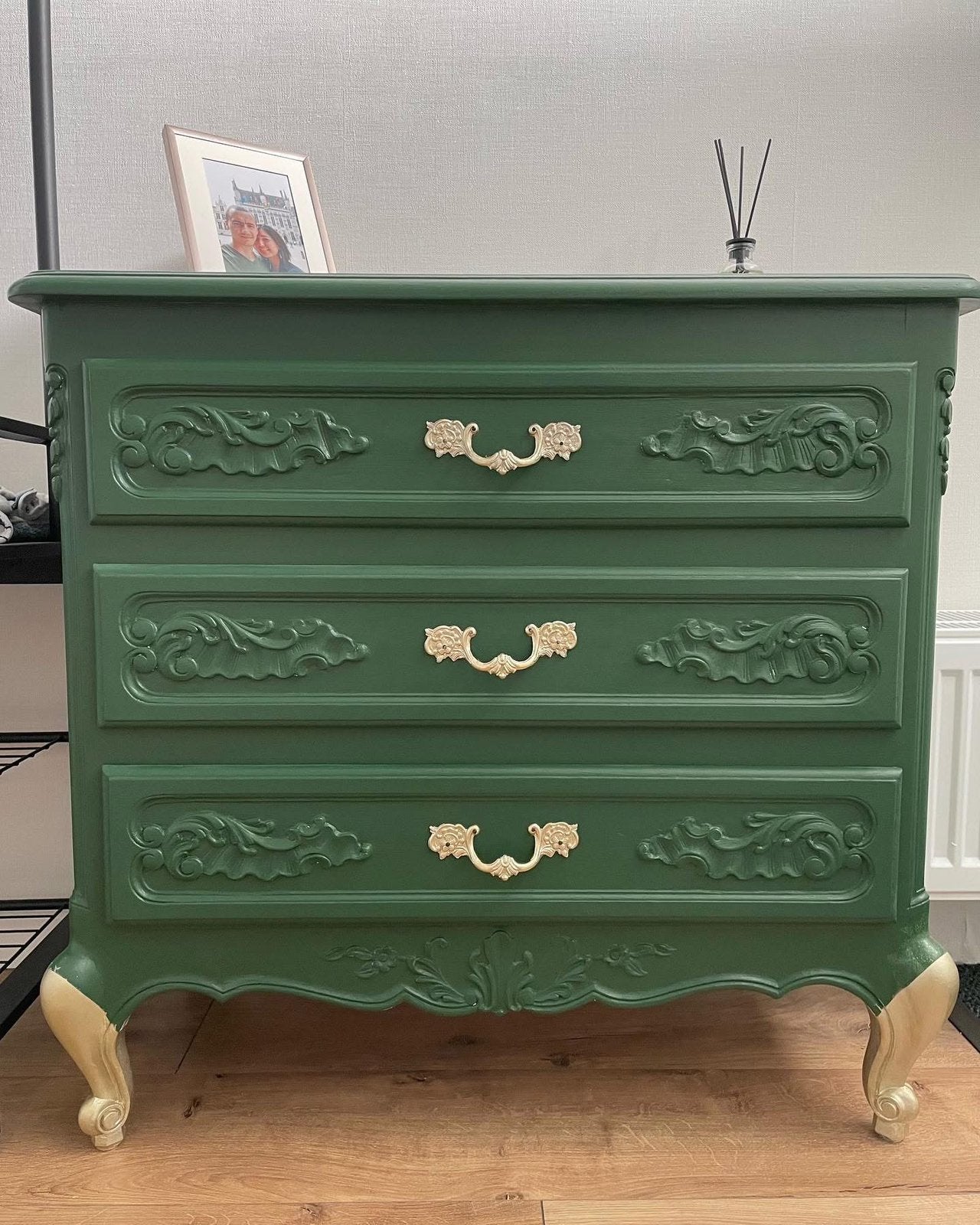 Vintage massief houten dressoir – donkergroen – 3 laden, 3 ou 4 tiroirs, Barok, Chêne, Enlèvement