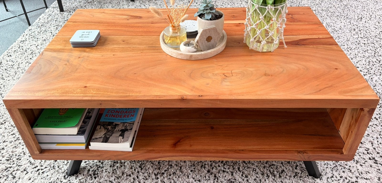 Salontafel acaciahout/metaal, Huis en Inrichting, Tafels | Salontafels, Gebruikt, 50 tot 100 cm, 100 tot 150 cm, Ophalen