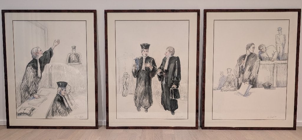Aquarel schetsen (3stuks) van advocaten in de rechtbank, Antiek en Kunst, Ophalen, Doek, Portret of Personen, Origineel werk