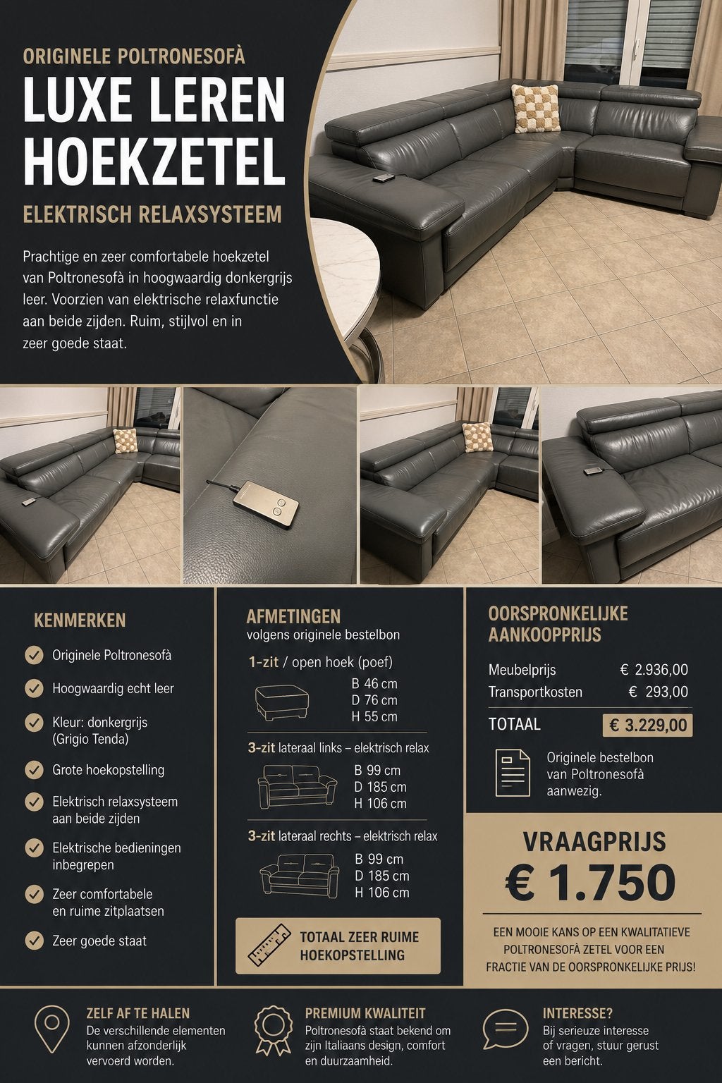 ️ LUXE POLTRONESOFÀ LEREN HOEKZETEL ELEKTRISCH RELAXSYSTEEM, Enlèvement, Comme neuf, Cuir