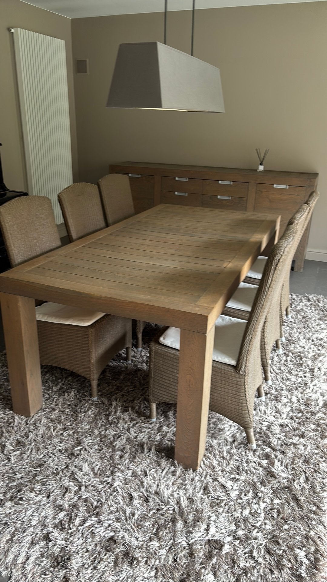 Lange tafel voor 6 personen met stoelen en tapijt, Huis en Inrichting, Ophalen, 100 tot 150 cm, Eikenhout, 200 cm of meer