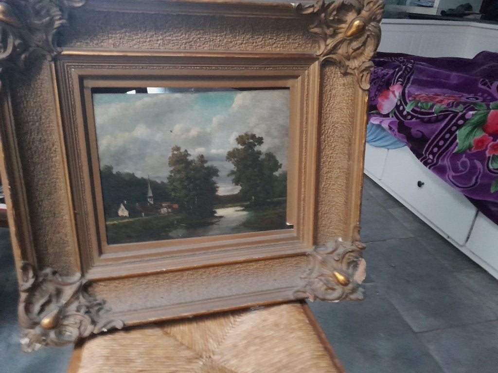 Tableau ancien XIXe Huile sur bois paysage, Peinture à l'huile, Panneau, Paysage, Cadre spécial