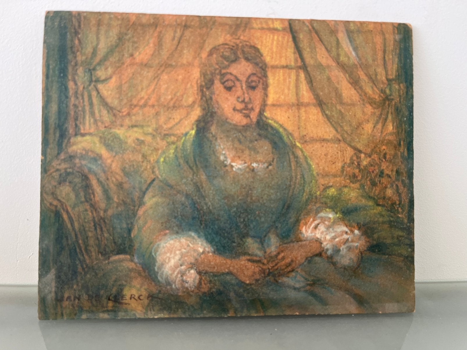 Schilderij Jan De Clerck - vrouw in interieur Oostende, Antiek en Kunst, Ophalen of Verzenden, Gesigneerd, Overige technieken
