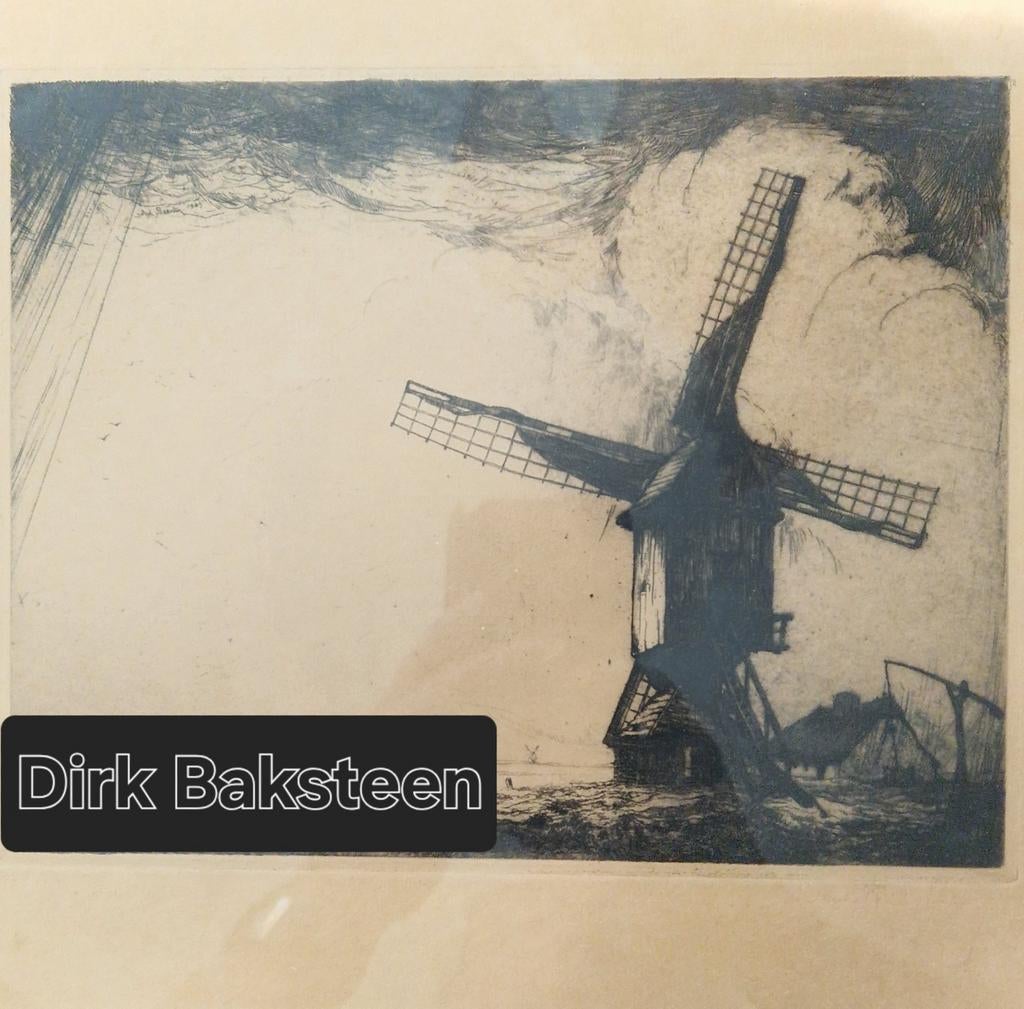 Dirk Baksteen | Molen van Achterbosch, Ets met reliëfstempel, Ophalen, Ets, Met monogram, Landschap