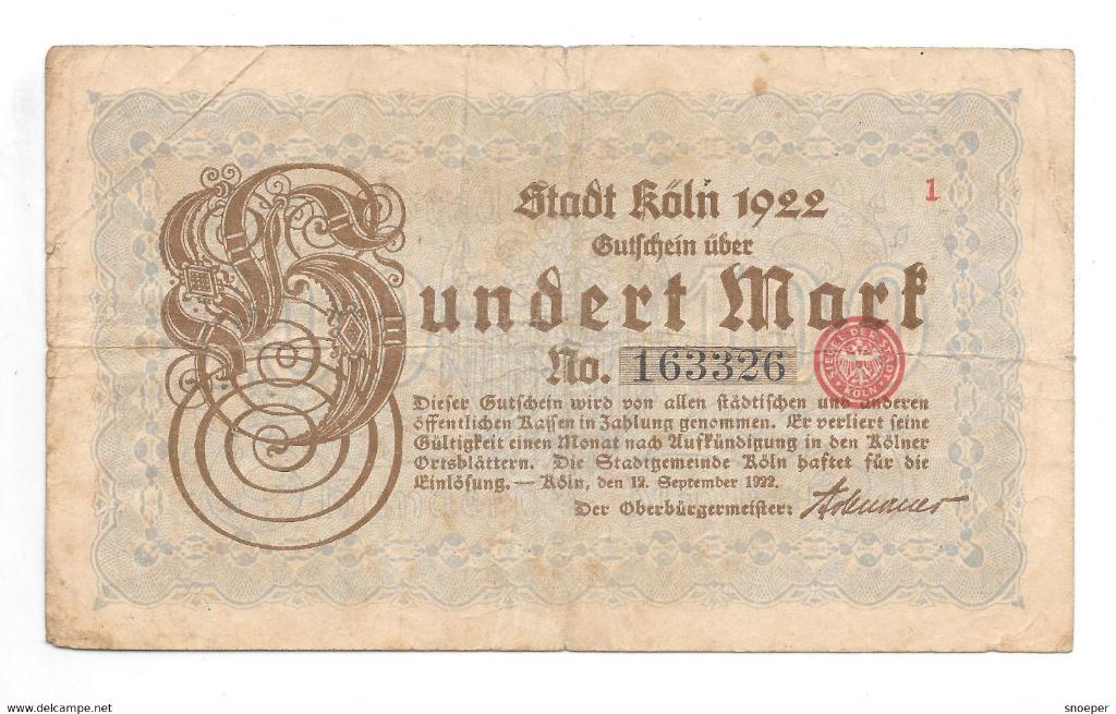 koln 100 mark 12/9/1922 2380.3 catalog val 12 euro, Postzegels en Munten, Verzenden, Duitsland, Los biljet