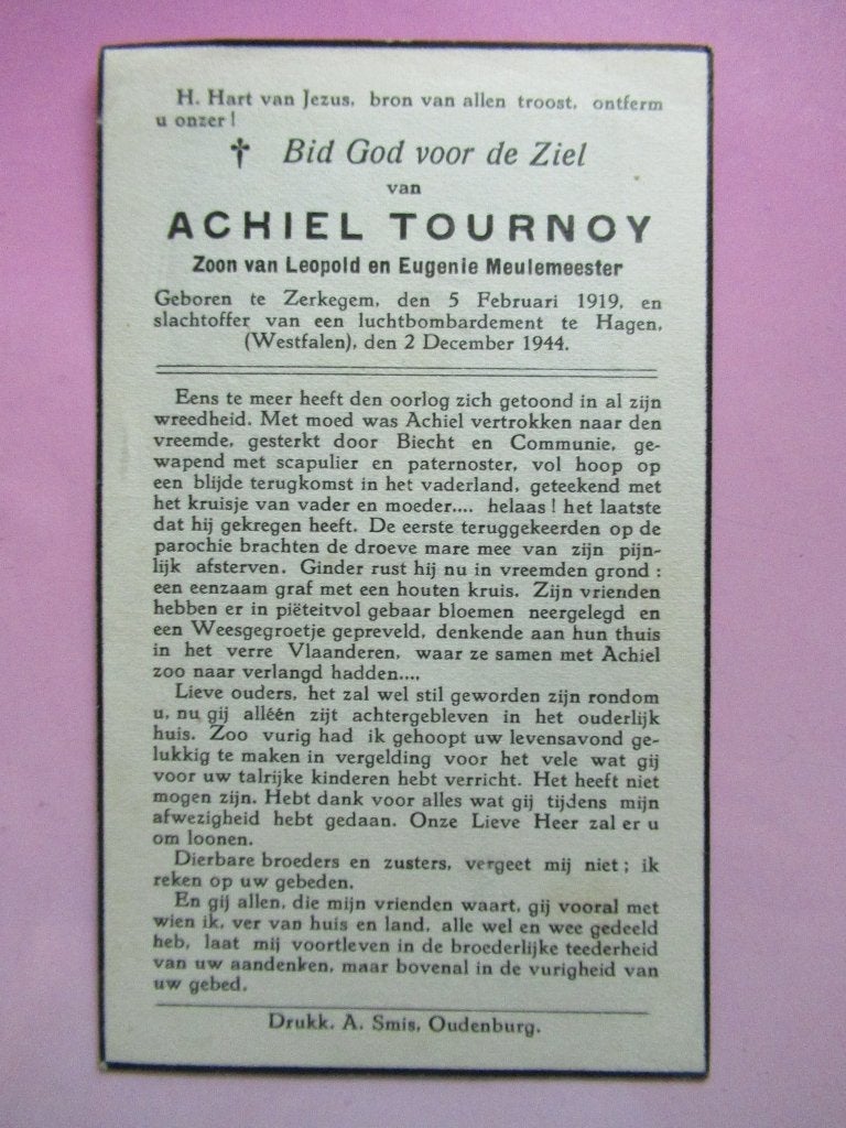 AChiel Tournoy - slachtoffer luchtbombardement - Zerkegem, Verzenden, Bidprentje