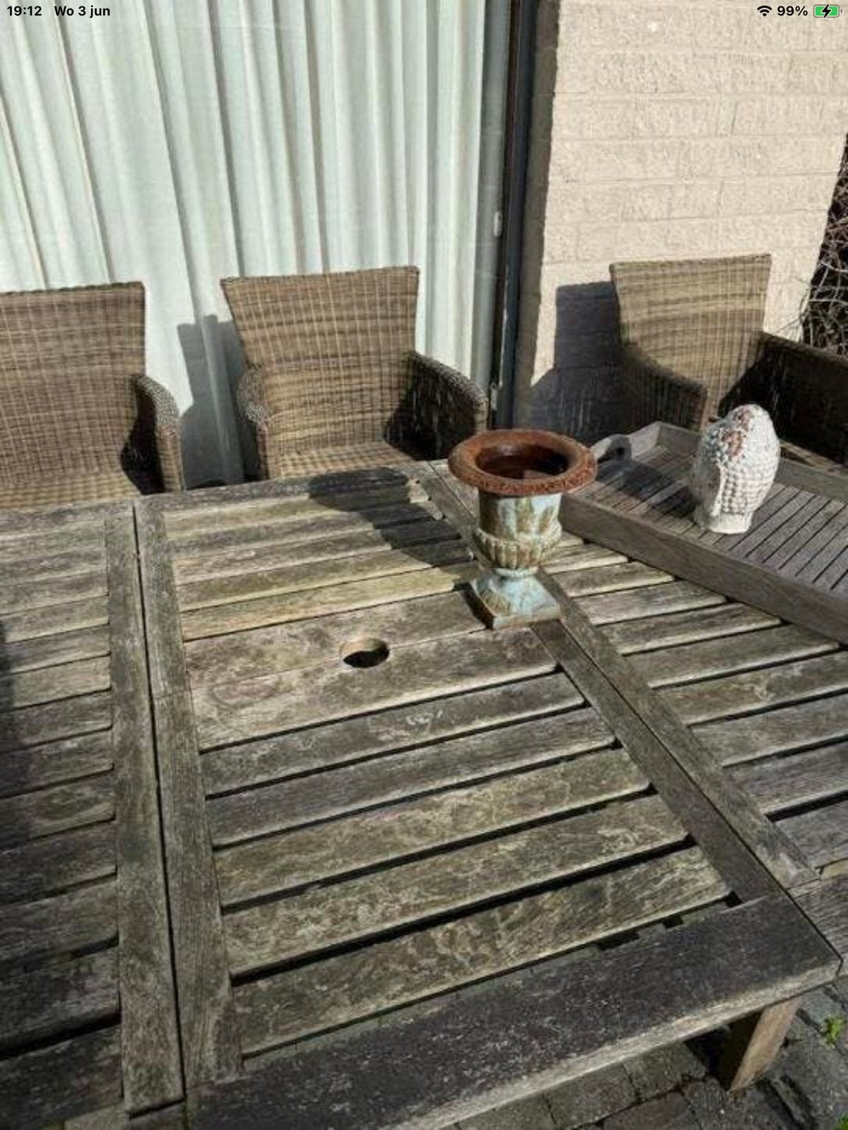 6 gemerkte zetels en houten grote tafel riet, Ophalen, Zo goed als nieuw, Hout