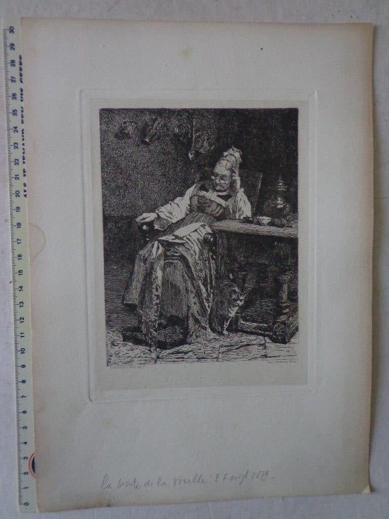 19de eeuwse ets van Lucien Gérard "De avondsiesta" 1879, Antiek en Kunst, Kunst | Etsen en Gravures, Dagelijks leven, 1800 - 1899
