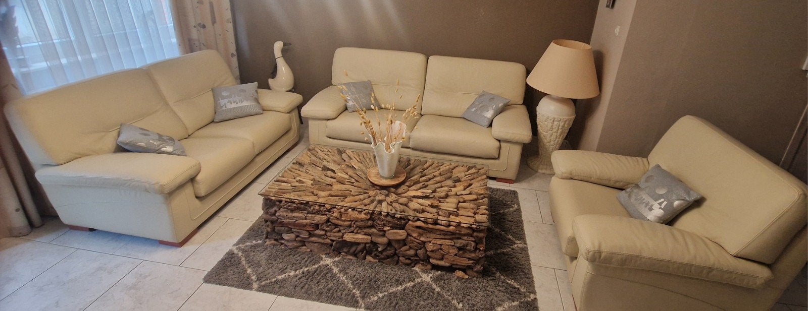 Magnifique salon en cuir beige, Enlèvement, Bois