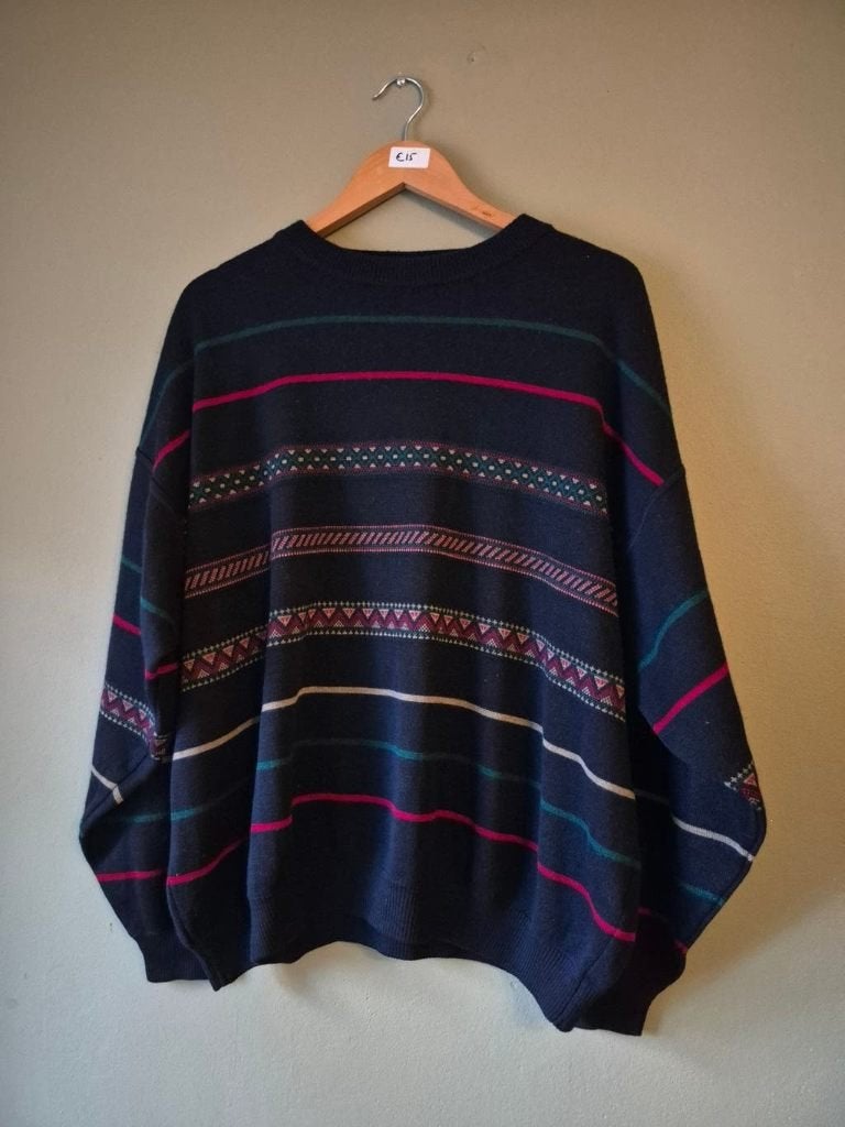 Vintage Grandpa Sweater XL | Zwart met kleurrijke strepen, Enlèvement ou Envoi, Taille 56/58 (XL), Porté, Noir