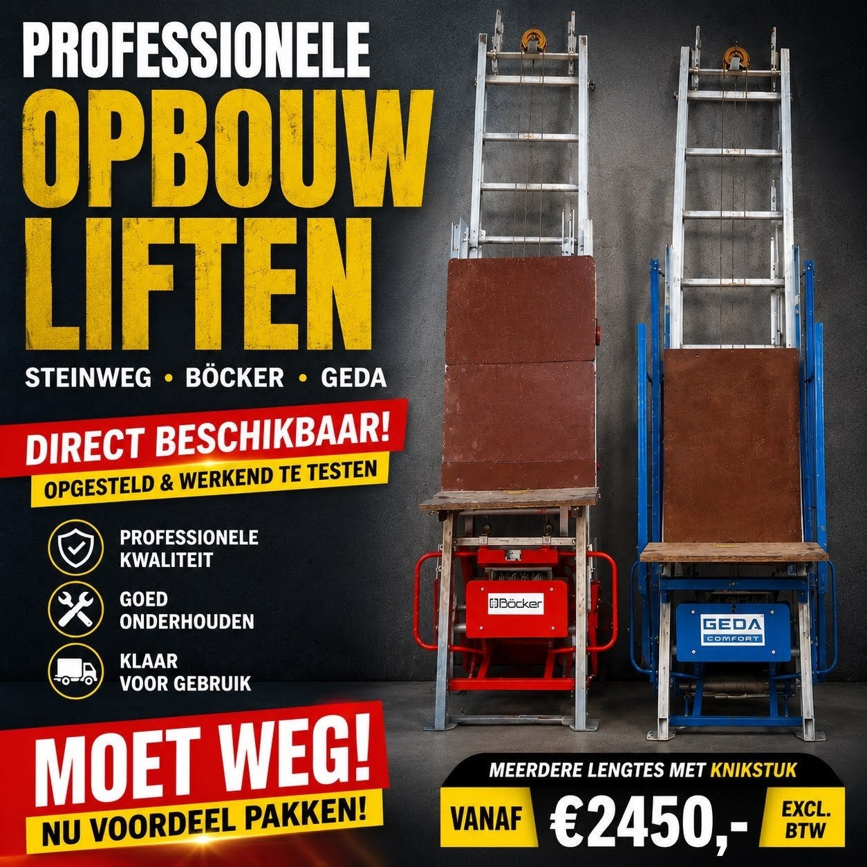Verhuis/Opbouwliften voor SPOTPRIJZEN - Böcker | Geda etc., Enlèvement, Comme neuf, Ascenseur de chantier