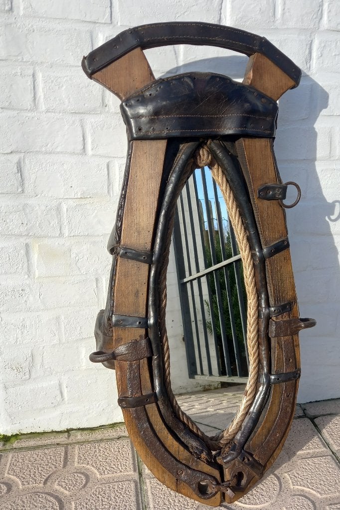 Ancien collier de cheval +Miroir 90X45cm, Antiquités & Art, Enlèvement, Ovale, Moins de 50 cm, Moins de 100 cm
