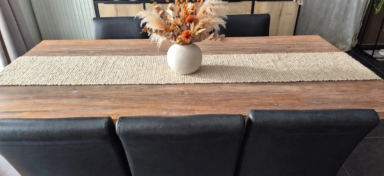 robuuste teakhouten tafel met zwarte x-poten 6 personen, Ophalen, Teakhout