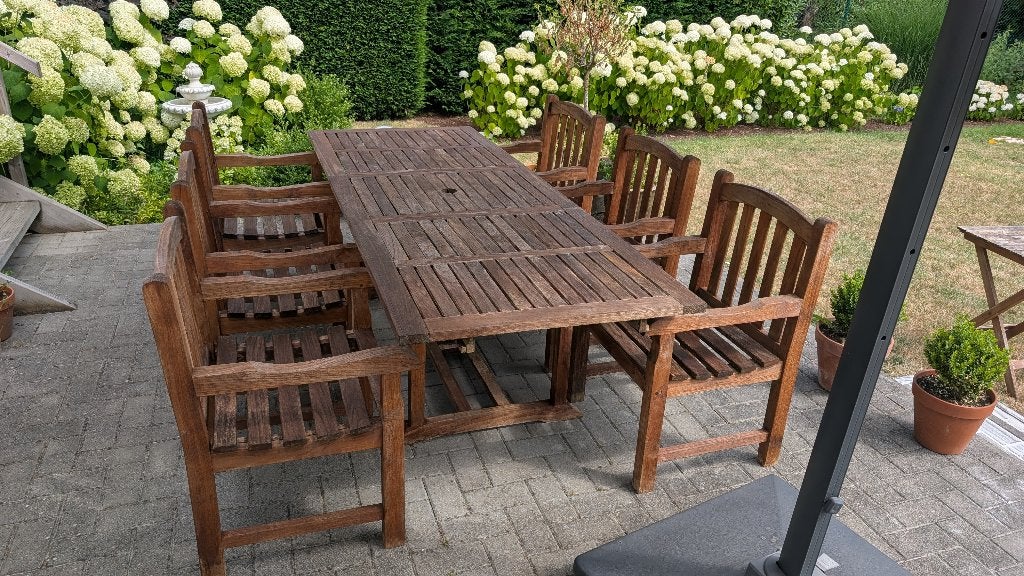 Teak tuinset: tuintafel + 6 stoelen, Tuin en Terras, Ophalen, Gebruikt, 6 zitplaatsen, Teakhout