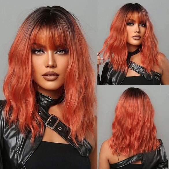 Koperrode wavy pruik bob model met pony en donkere roots, Handtassen en Accessoires, Ophalen of Verzenden, Nieuw