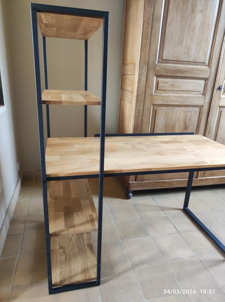 Bureau-bibliothèque chêne et acier HIBA (La Redoute), Industriel, Enlèvement, Comme neuf, Métal