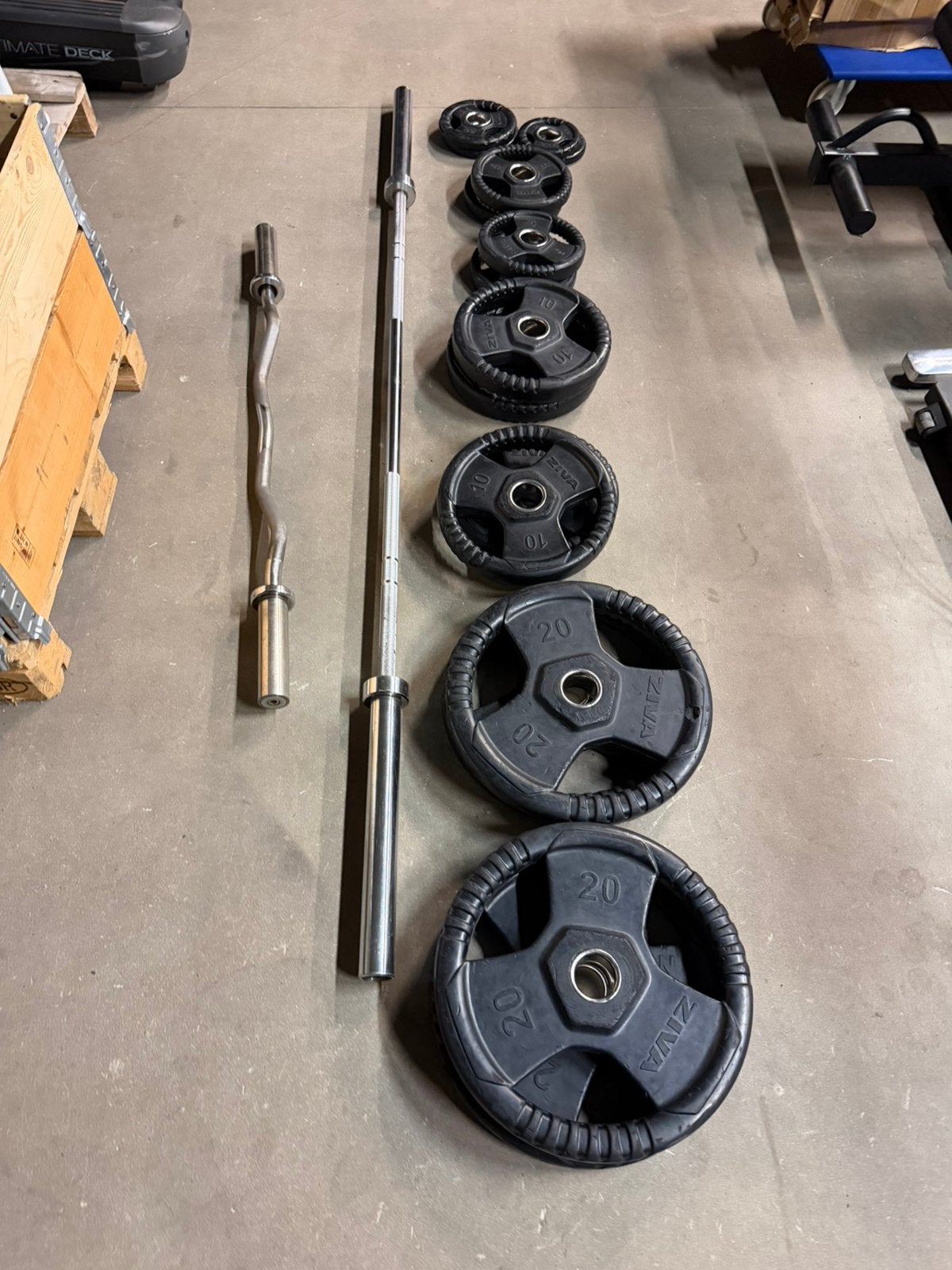 147,5kg Ziva Rubberen Gewichten , Ezstang,Olympische Barbell, Sport en Fitness, Ophalen, Gebruikt, Halterschijven