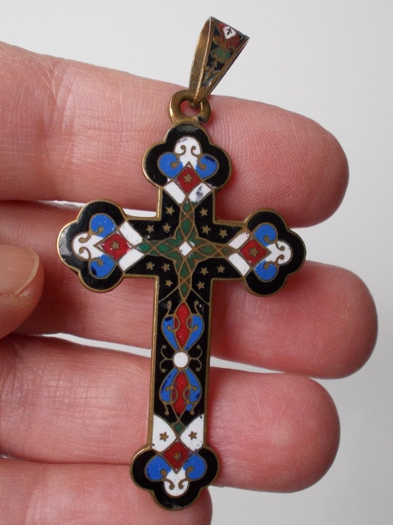 Antiek zeldzaam Frans Champleve-emaille kruisbeeldhanger, Verzamelen, Religie, Ophalen of Verzenden, Gebruikt