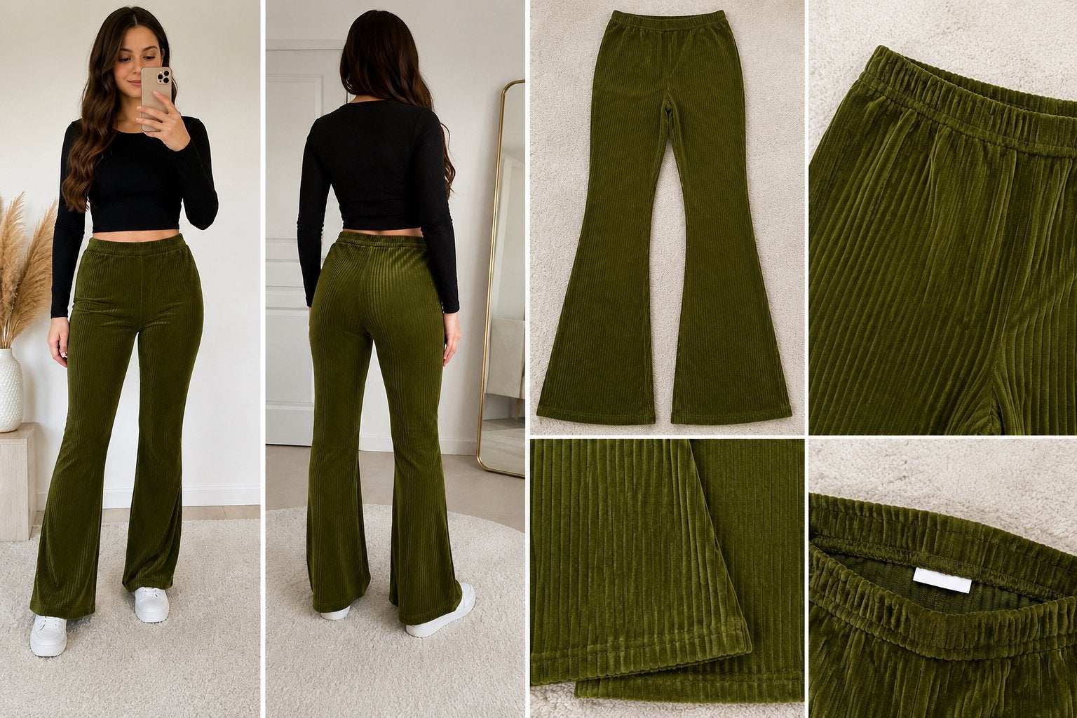 Pantalon femme côtelé vert kaki, coupe évasée, Enlèvement ou Envoi, Comme neuf