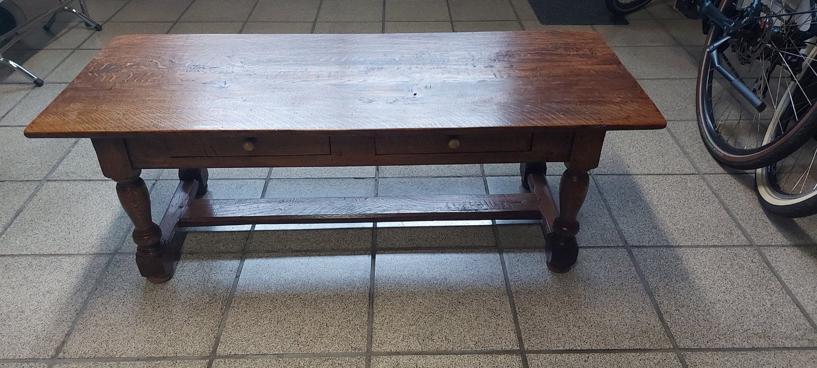 Eiken salontafel  handgemaakt met 2 laden. H.42.L.115 B 45., Huis en Inrichting, Ophalen, Minder dan 50 cm, 100 tot 150 cm, Eikenhout