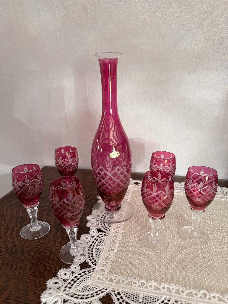 Vintage Italiaans robijnrood glaswerk – karaf + 6 glazen, Antiek en Kunst, Ophalen of Verzenden