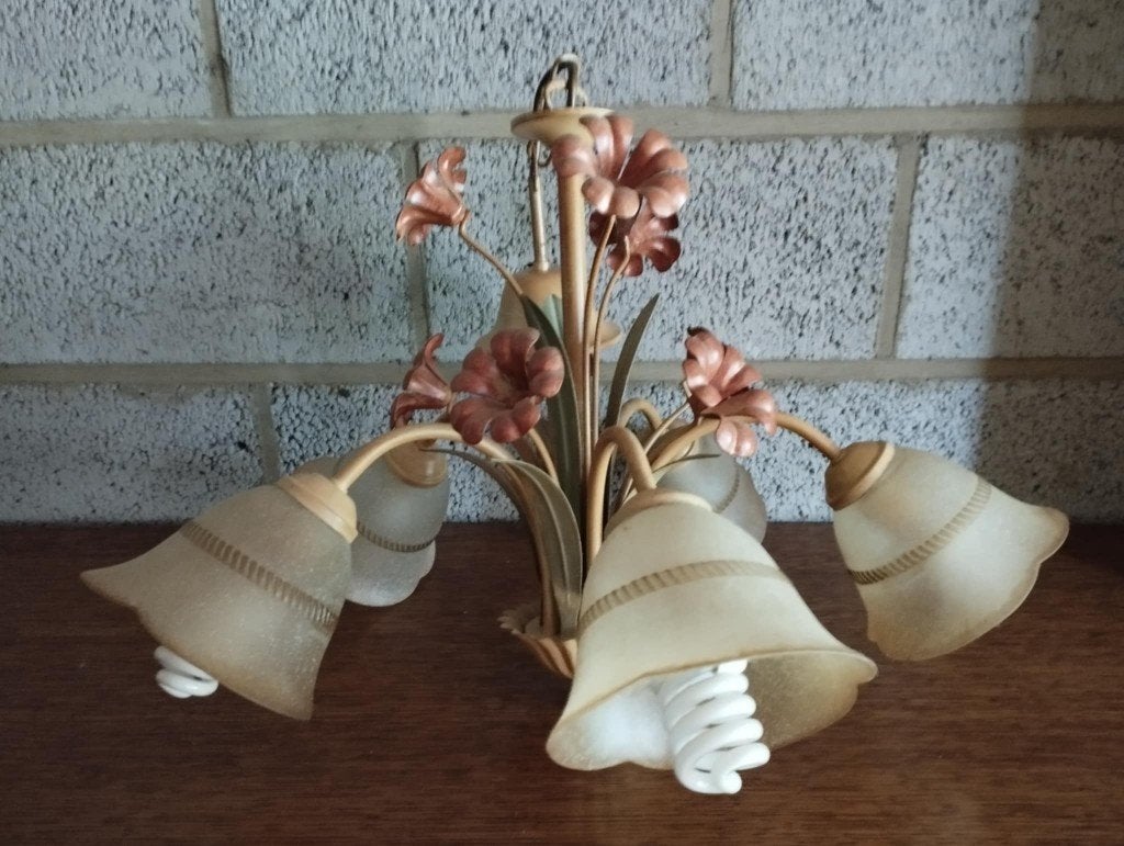 Suspension vintage, 5 branches corolles en verre, Enlèvement, Verre