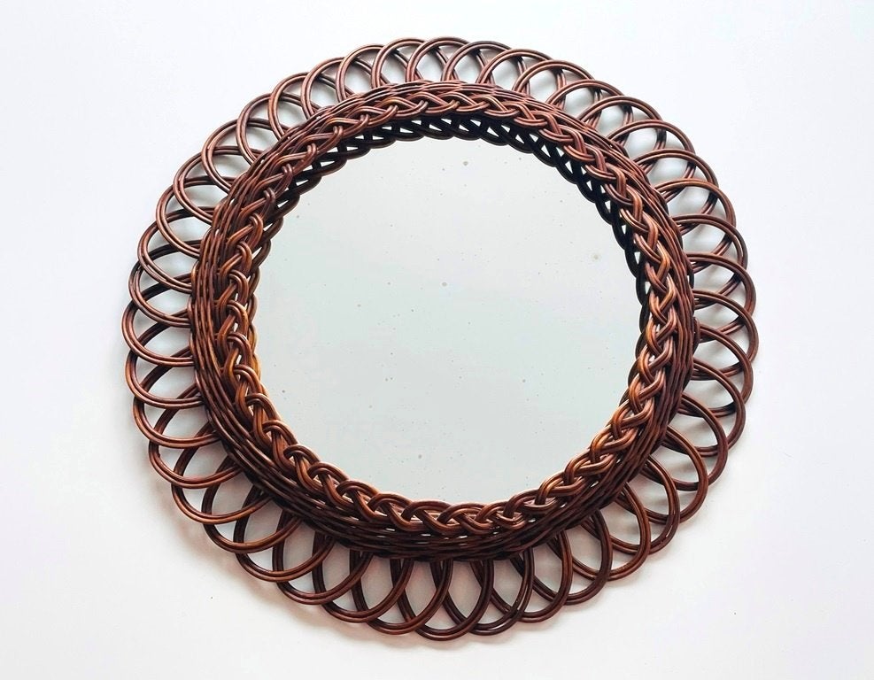 Miroir rotin 49 cm * Vintage 70s * Spiegel, Enlèvement ou Envoi, Comme neuf, Rond