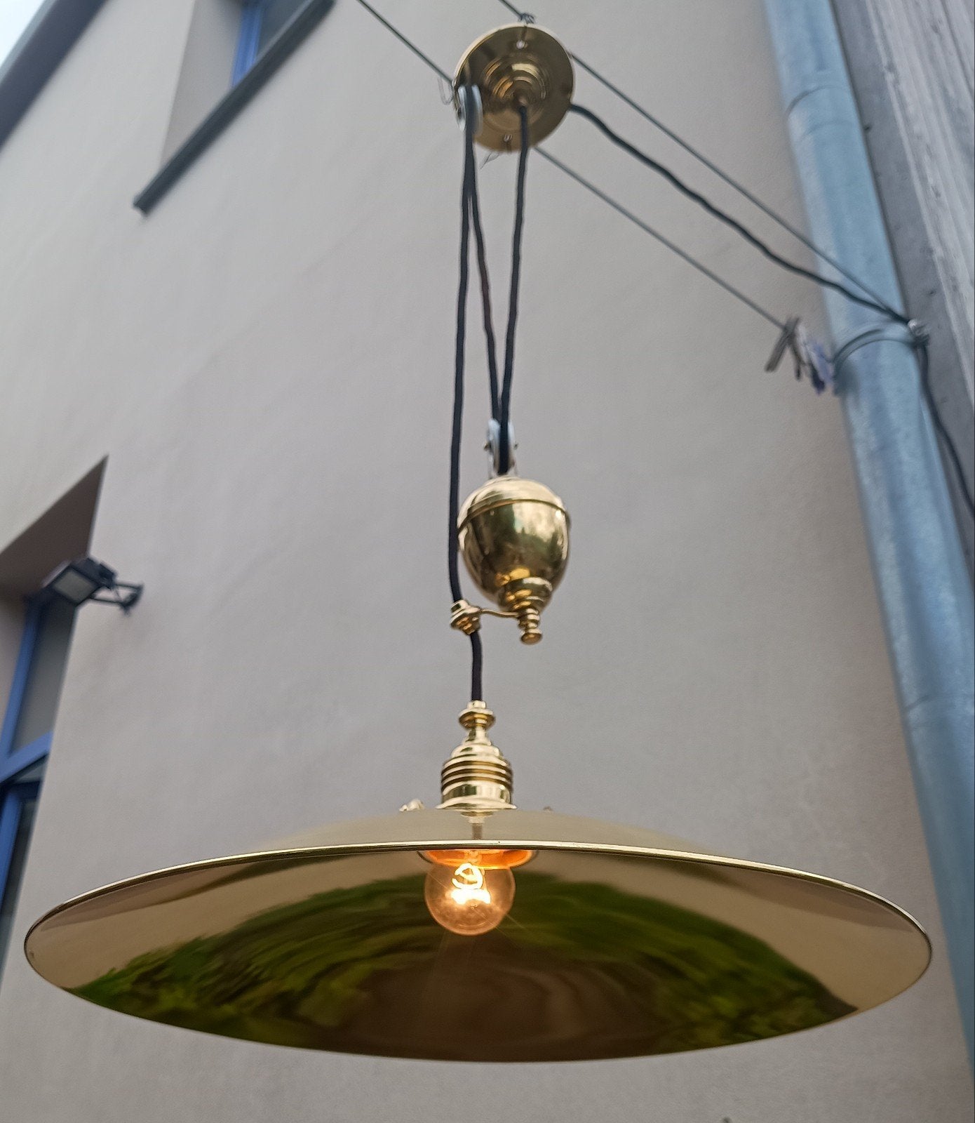 Hangende lamp, in de hoogte verstelbaar, messing, vintage, Ophalen