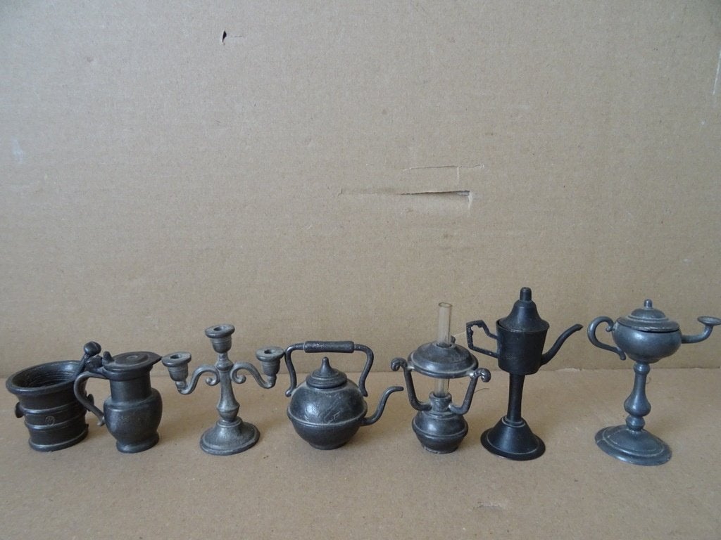 Collectie tinnen miniaturen antieke of vintage miniaturen 7x, Ophalen of Verzenden