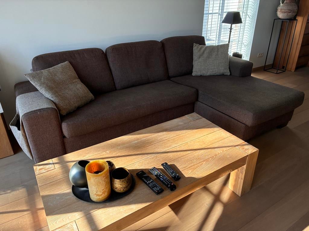 Hoeksofa in bruine stof inclusief kussens en opbergtas, Ophalen, Gebruikt, Stof, Tijdloos
