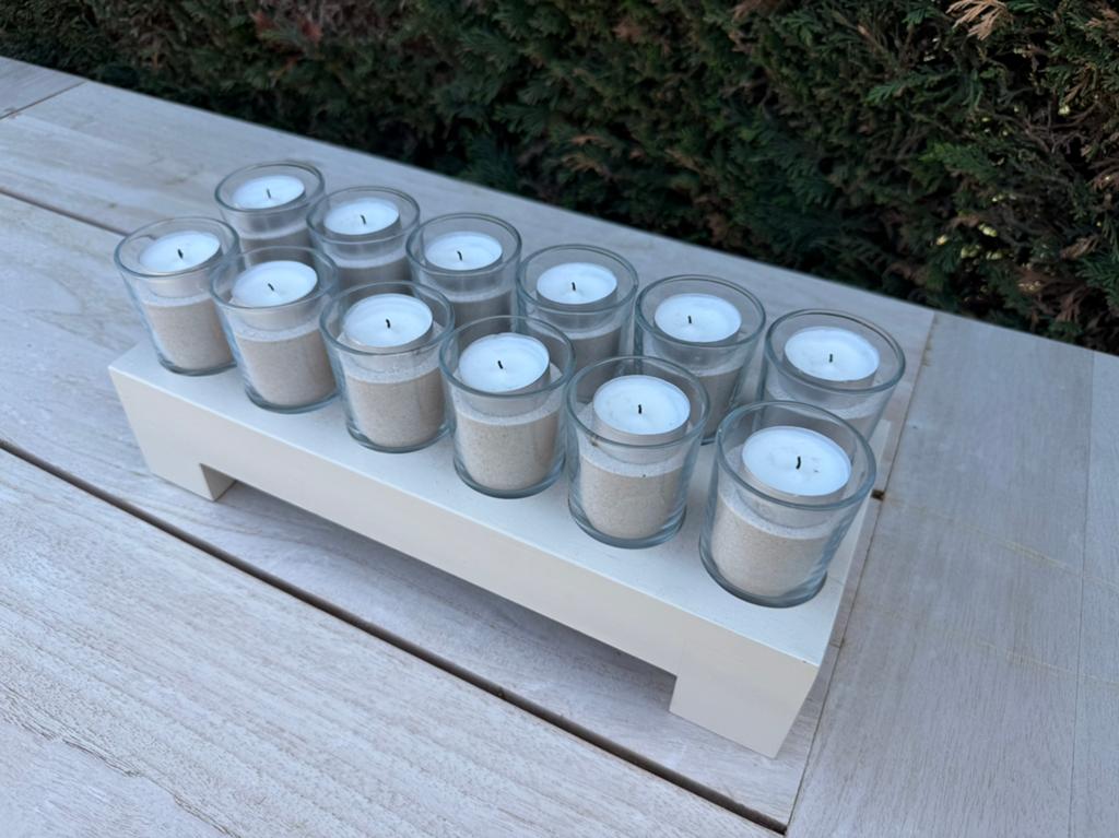 Moderne houten theelichthouder met 10 glazen houders, Huis en Inrichting, Ophalen, Wit, Zo goed als nieuw, Kaars