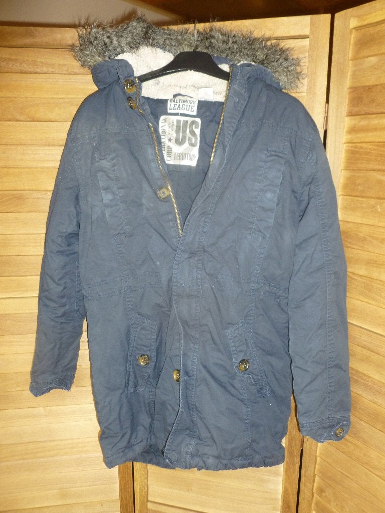 Donkerblauwe winterjas, maat 152, Ophalen, Gebruikt