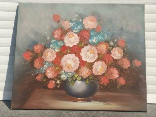 huile sur toile moderne fleurs signe bertram, Antiquités & Art, Enlèvement ou Envoi, Fleurs, Toile