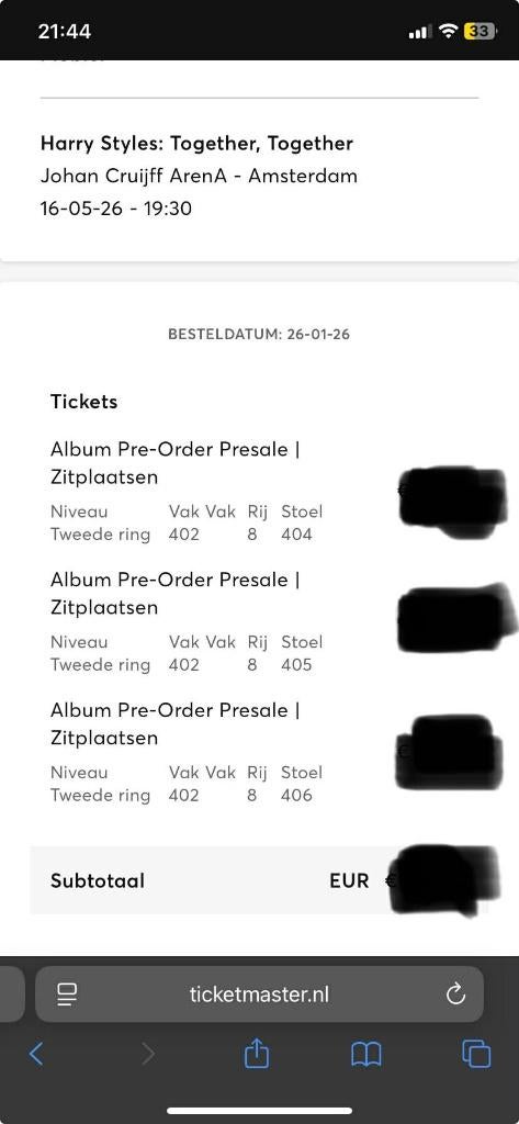 3 tickets Harry Styles Amsterdam 16/05, Trois personnes ou plus, Mai