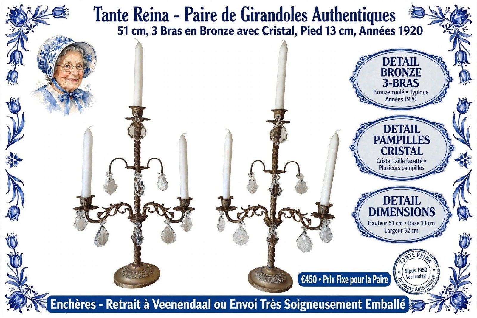 Paire de Girandoles Authentiques Bronze et Cristal Pampilles, Antiquités & Art, Enlèvement ou Envoi