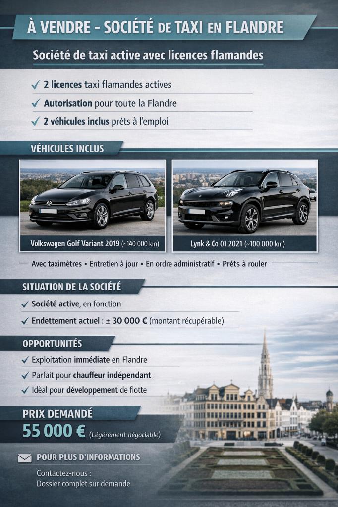 Société Taxi à vendre 2 licences Flandre, Offres d'emploi, Emplois | Automobile