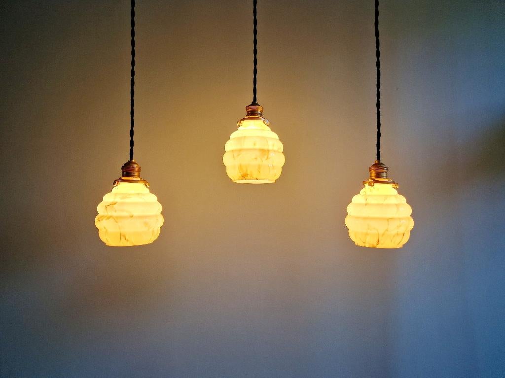 Art Deco hanglamp in gemarmerd opaline, ouraline (4 stuks), Ophalen of Verzenden