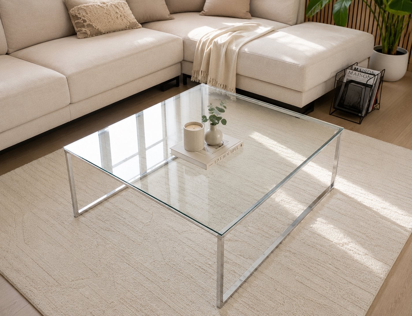 Table basse carrée en verre et métal – 92 x 92 cm –, Enlèvement, Verre