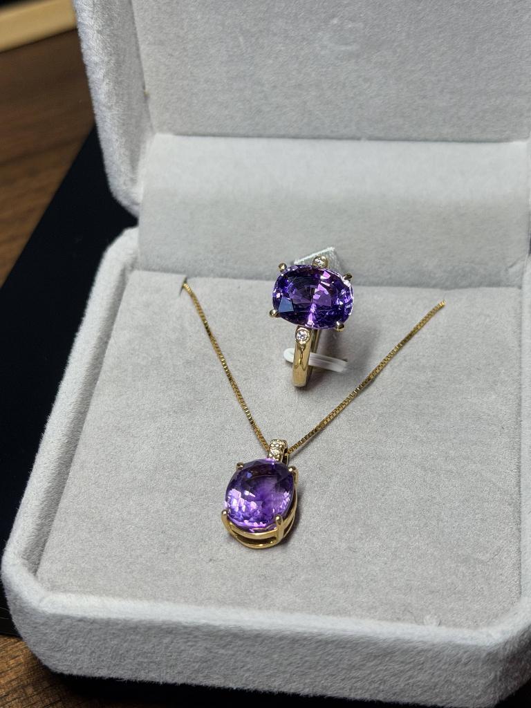 Bague&Pendentif OR18K Améthyste Diamants Naturels Certificat, Handtassen en Accessoires, Ringen, Ophalen, Nieuw, Goud, Goud