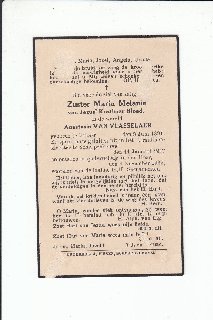 Kloosterzuster uit Rillaar - overl. Scherpenheuvel 1935, Verzamelen, Bidprentjes en Rouwkaarten, Verzenden, Bidprentje