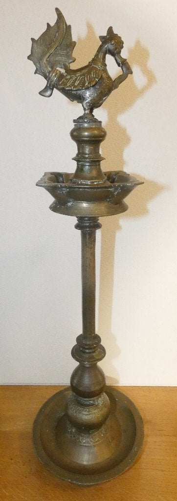 Antieke bronzen olielamp met haan, India [2025], Antiek en Kunst, Ophalen of Verzenden, Brons