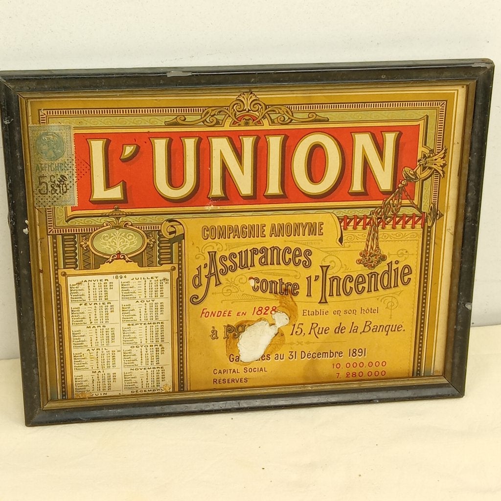 Karton reclamebord 1894 verzekering L'UNION, Ophalen of Verzenden, Gebruikt, Reclamebord