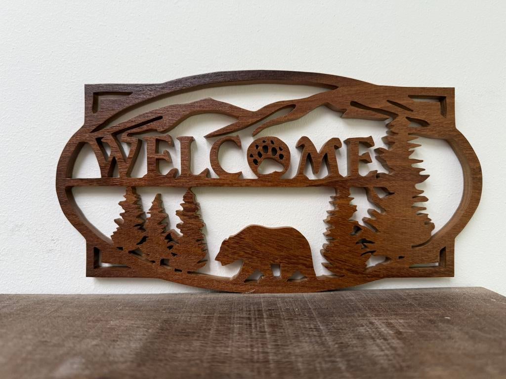 Uniek handgemaakt houten "Welcome" bord met beer, Hout, Ophalen of Verzenden, Handgemaakt, Nieuw