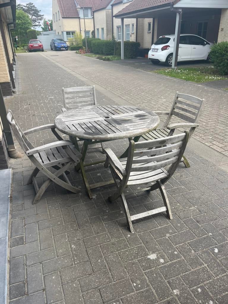 Tuintafel taek met 4 stoelen, Tuin en Terras, Tuintafels, Ophalen, Gebruikt