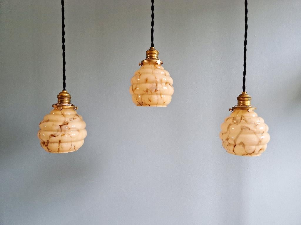 Suspension Art Déco en opaline marbrée, ouraline (4 dispo), Enlèvement ou Envoi